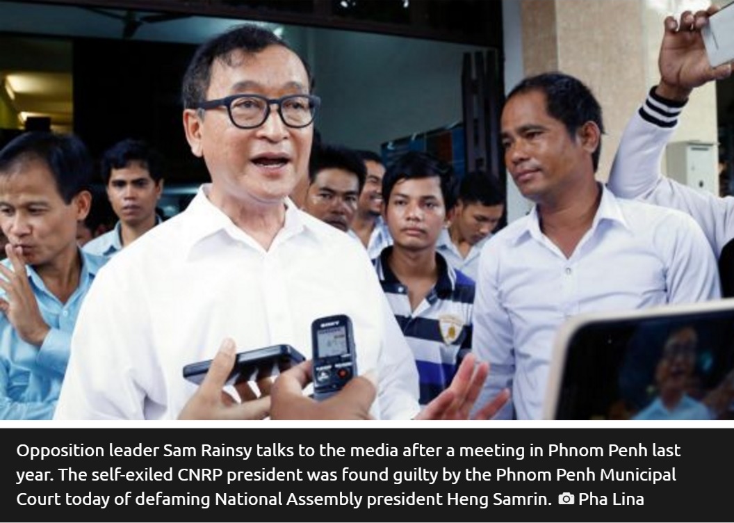 L'opposant politique Sam Rainsy a été condamné à verser deux amendes pour diffamation. Le procès qui a duré une heure s'est déroulé sans la présence de Rainsy, qui vit en France. Copie d'écran du Phnom Penh Post, le 28 juillet 2016.