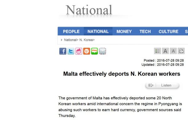 Le visa d'une vingtaine d'ouvriers nord-coréens expatriés à Malte n'a pas été renouvelé, provoquant leur déportation. Copie d'écran du Korea Times, le 28 juillet 2016.