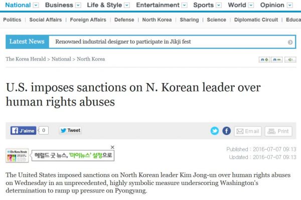 Pour la première fois, le leader nord-coréen, Kim Jong-un, et ses proches sont visés directement par de nouvelles sanctions. Mais, selon les spécialistes, ces dernières seraient surtout symboliques. Copie d'écran du Korea Herald, le 7 juillet 2016.