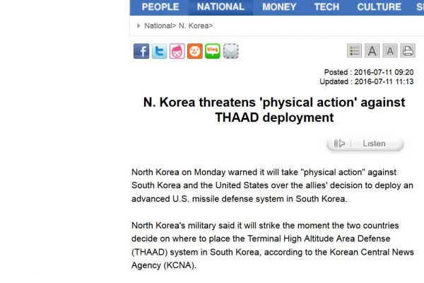 Après un nouvel essai de missile, Pyongyang prévient que son armée est prête à frapper le Sud "impitoyablement" si le THAAD est bien mis en place. Copie d'écran de The Korea Times, le 11 juillet 2016.