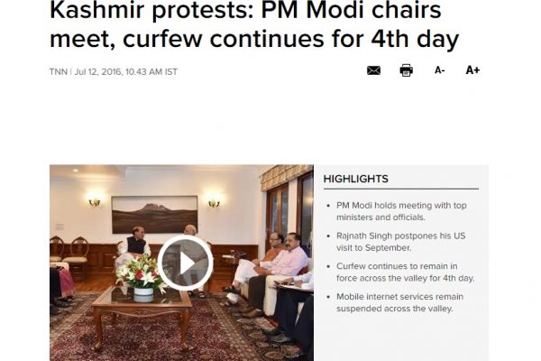 La situation est toujours aussi tendue au Cachemire indien, Modi maintient donc le couvre-feu et organise une réunion avec son gouvernement. Copie d'écran de Times of India, le 12 juillet 2016.