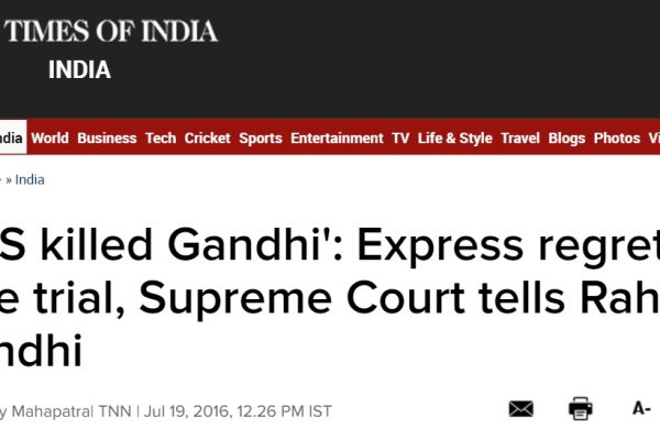 Le vice-président du Parti du Congrès indien, Rahul Gandhi, risque un procès pour diffamation. Copie d'écran du Times of India, le 19 juillet 2016.