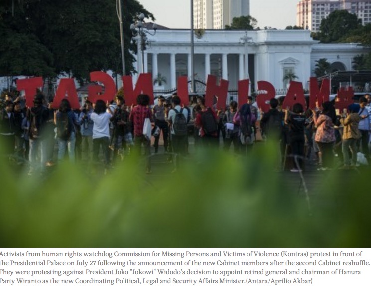 La nomination de Wiranto, ancien commandant de l'armée accusé de violations des droits de l'homme est vivement contestée en Indonésie. Copie d'écran du Jakarta Post, le 28 juillet 2016.