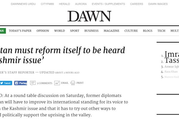 Comment faire entendre la voix du Pakistan sur le dossier cachemiri ? Copie d'écran de Dawn, le 18 juillet 2016.