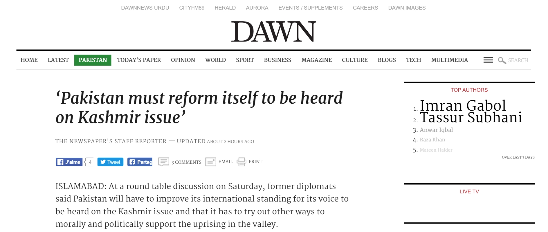 Comment faire entendre la voix du Pakistan sur le dossier cachemiri ? Copie d'écran de Dawn, le 18 juillet 2016.