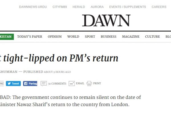 Le gouvernement garde le silence sur le retour du Premier ministre, actuellement en convalescence à Londres après une opération à cœur ouvert. Copie d'écran du Dawn, le 6 juillet 2016.