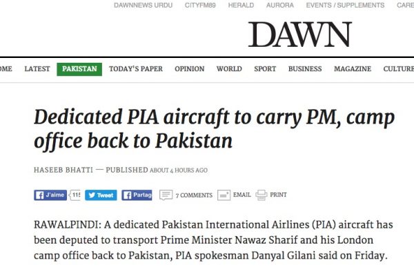 Absent depuis le 22 mai, le Premier ministre est enfin autorisé à quitter l'Angleterre. La date de son retour reste cependant incertaine. Copie d'écran de Dawn, le 8 juillet 2016.