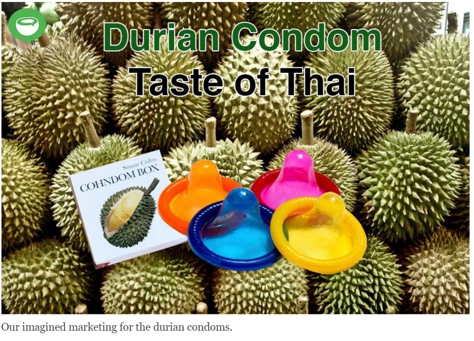 Avec le développement de préservatifs au durian, les entrepreneurs thaïlandais repoussent les limites de l'innovation… Pour le meilleur et pour le pire. Copie d'écran de Coconuts Bangkok, le 23 juin 2016.