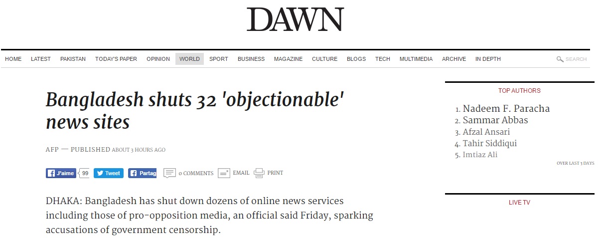 Le Bengladesh ferme 32 sites et portails Internet aux "contenus répréhensibles" sur la demande des services secrets. Copie d'écran de Dawn, le 5 août 2016.