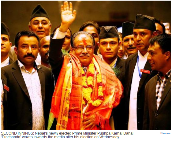 Prachanda, "Le redoutable", a comme prévu été élu Premier ministre par l'assemblée népalaise alors qu'il était le seul candidat à ce poste. Copie d'écran de The Hindu, le 4 août 2016.
