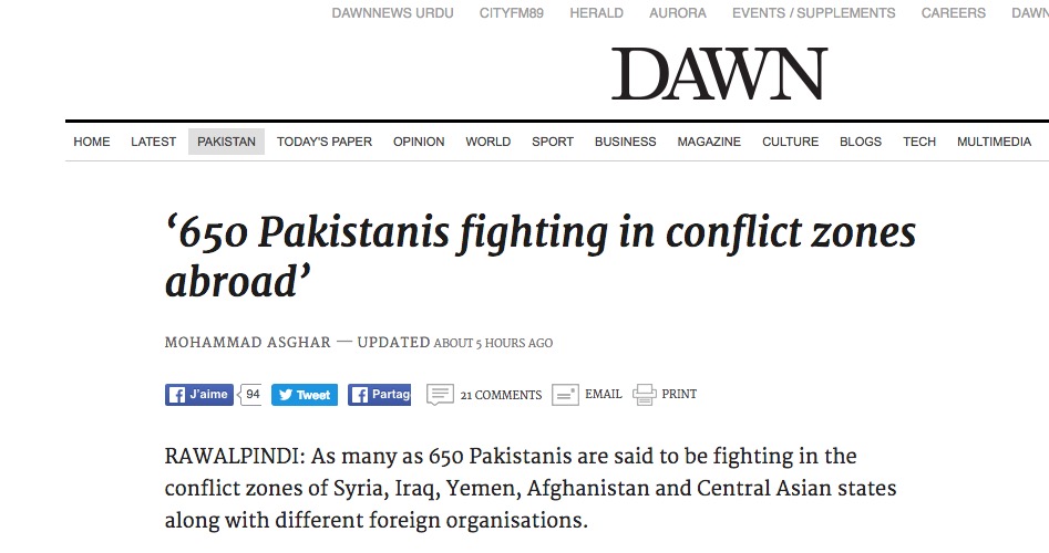 Le gouvernement pakistanais redoute le retour de plus de 650 combattants nationaux présents en dehors du pays. Copie d'écran de Dawn, le 3 août 2016.