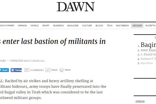 Les forces pakistanaises ont rejoint la vallée de Rajgal, sécurisant de nombreuses zones de la région et touchant plusieurs repaires terroristes. Copie d'écran de Dawn, le 17 août 2016.