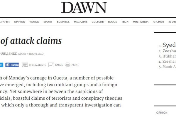 Malgré plusieurs revendications, le gouvernement pakistanais ne sait toujours pas qui se cache derrière l'attentat de Quetta. Copie d'écran de Dawn, le 10 août 2016.