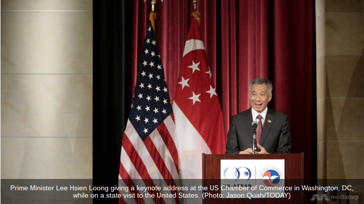 En visite officielle à Wahsington, Lee Hsien Loong a rappelé l'impact qu'aurait le TPP sur le commerce en Asie du Sud-Est et a demandé aux États-Unis de le ratifier au plus vite. Copie d'écran de Channel News Asia, le 2 août 2016.