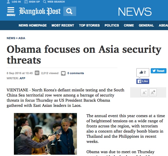 La sécurité était au cœur des discussions au sommet de l'ASEAN. Copie d'écran du Bangkok Post, le 8 septembre 2016