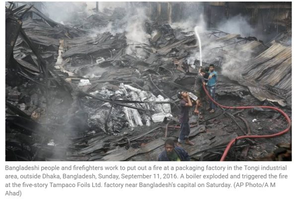 Un incendie mortel a ravagé les locaux d'une usine d'emballages ce week-end, dans la banlieue de Dacca. Copie d'écran de The Indian Express, le 12 septembre 2016.