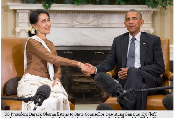 Félicitant la Birmanie pour sa marche vers la démocratie, Barack Obama a accepté la levée des sanctions économiques qui pèsent sur le pays. Une décision critiquée par les associations de défense des droits de l'Homme. Copie d'écran du Myanmar Times, le 15 septembre 2016.