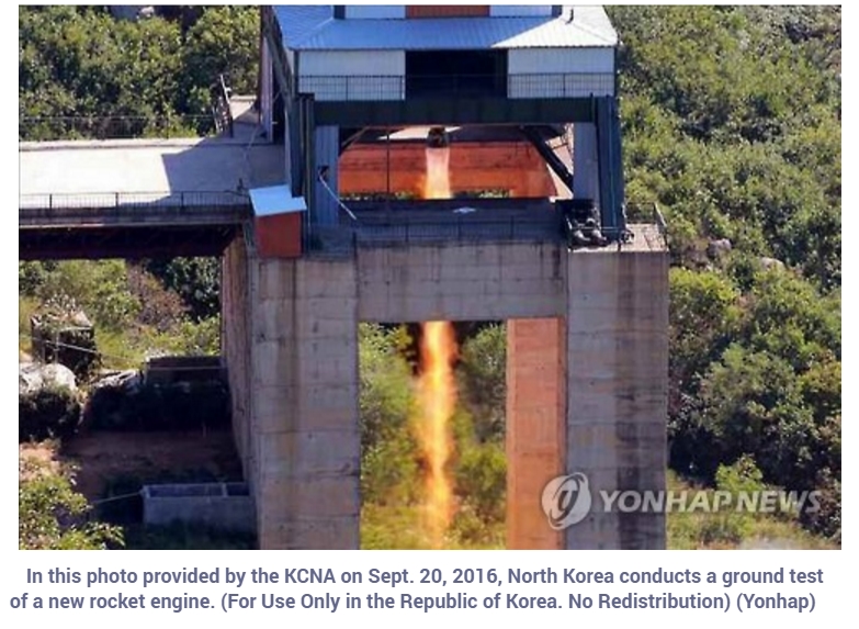 La Corée du Nord a opéré une nouvelle démonstration de puissance, cette fois-ci en testant un moteur de fusée prétendument capable de mettre en orbite un satellite géostationnaire. Copie d'écran de Yonhap, le 20 septembre 2016.