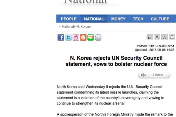 Après avoir procédé au lancement de trois missiles balistiques, la Corée du Nord rejette la condamnation de l'ONU. Copie d'écran du Korea Times, le 8 septembre 2016