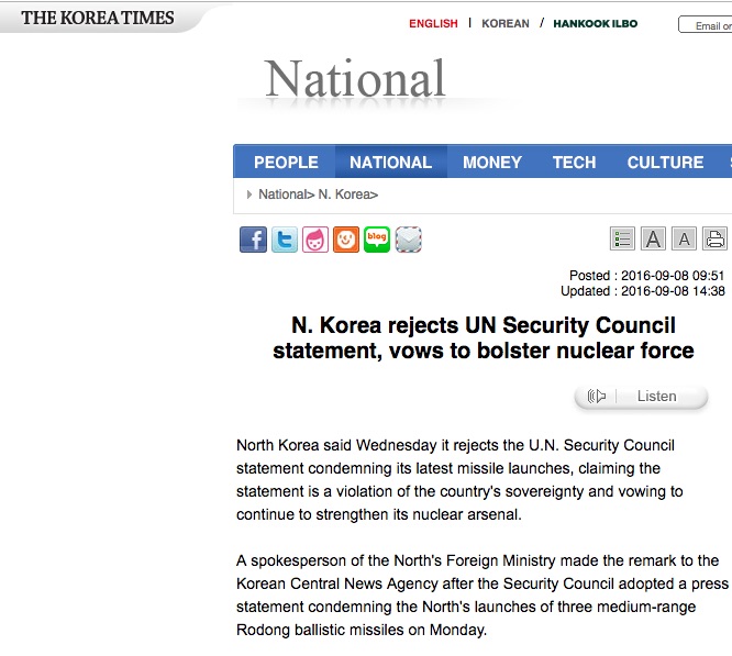 Après avoir procédé au lancement de trois missiles balistiques, la Corée du Nord rejette la condamnation de l'ONU. Copie d'écran du Korea Times, le 8 septembre 2016