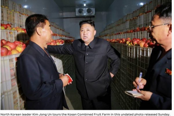 Indifférente aux sanctions onusiennes, la Corée du Nord continue ses provocations face à une communauté internationale désarmée. Ci-dessus le leader nord-coréen Kim Jong-un, lors d'une visite de terrain dans une ferme collective de Kosan. Copie d'écran du Japan Times, le 21 septembre 2016.