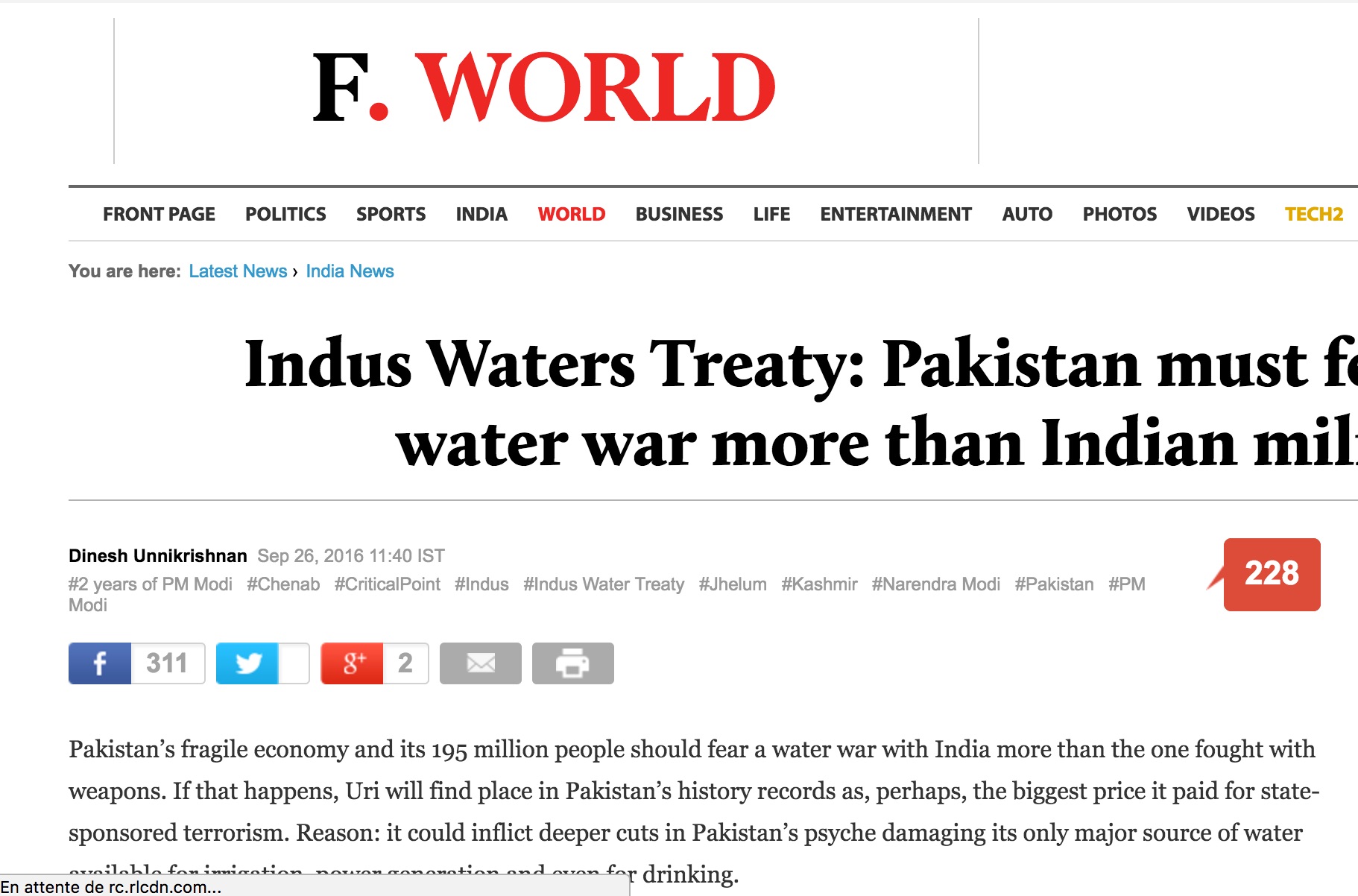 Couper l'eau de l'Indus au Pakistan entraînerait une crise majeure au Pakistan, totalement dépendant de cette ressource. Copie d'écran du Firstpost, le 27 septembre 2016.