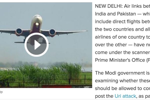 Si l'Inde n'a pas de ligne directe avec le Pakistan, la Pakistan international airlines en a 5 par semaine. Copie d'écran du Times of India, le 29 septembre 2016.