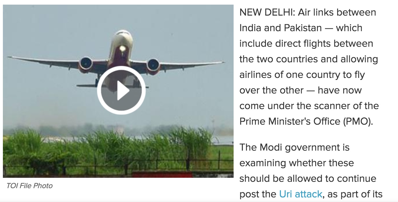 Si l'Inde n'a pas de ligne directe avec le Pakistan, la Pakistan international airlines en a 5 par semaine. Copie d'écran du Times of India, le 29 septembre 2016.