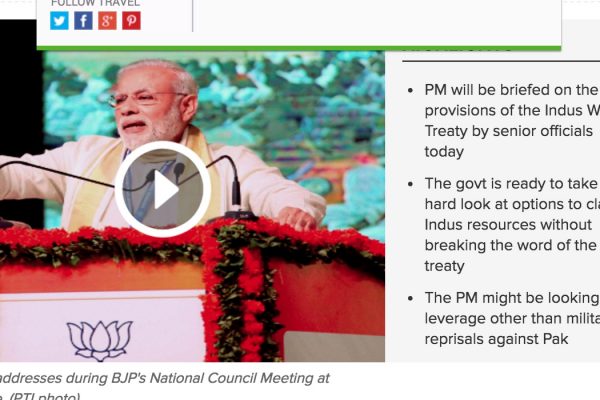 Le Premier ministre indien Narendra Modi doit prochainement dresser les inconvénients et avantages du traité de l'Indus. Copie d'écran du Times of India, le 26 septembre 2016.
