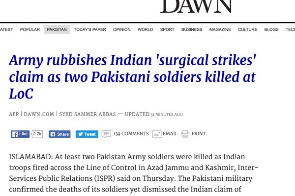 Qui du Pakistan ou de l'Inde a initié la fusillade au Cachemire indien provoquant la mort de deux soldats pakistanais. Copie d'écran de Dawn, le 29 septembre 2016.