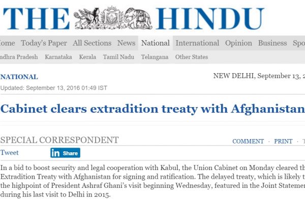 La coopération indo-afghane avançe à petits pas. Copie d'écran de The Hindu, le 13 septembre 2016.
