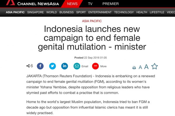 Après un premier échec en 2006, l'Indonésie lance une campagne contre les mutilations génitales qui touchent près de la moitié des fillettes de onze ans. Copie d'écran de Channel News Asia, le 22 septembre 2016.