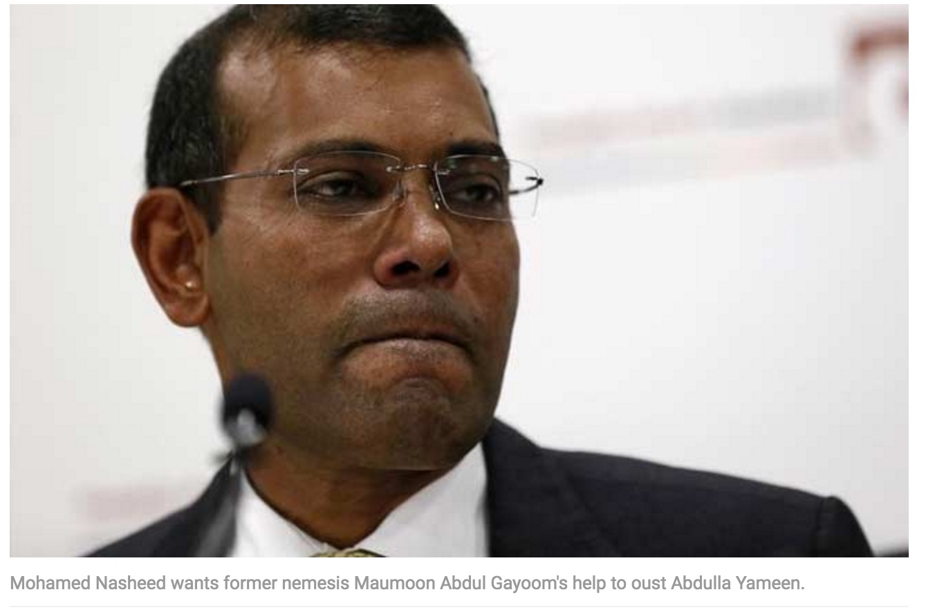L'ancien président Mohamad Nasheed, en exil à Londres, est prêt à s'allier avec son pire ennemi, Maumoon Abdus Gayoom, qui a régné pendant 30 ans sur l'archipel. Copie d'écran de NDTV, le 14 septembre 2016.
