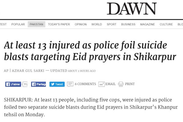 13 personnes ont été blessées lundi 12 septembre lors d'attentats suicides simultanés. Copie d'écran de Dawn, le 13 septembre 2016.