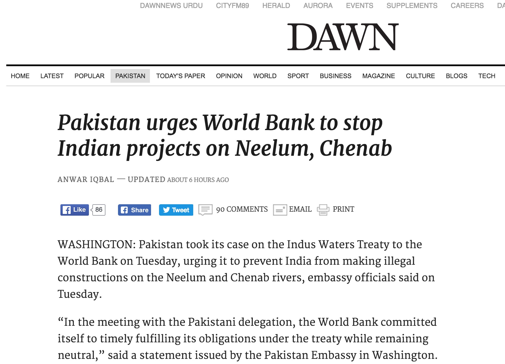 C'est la deuxième fois depuis la signature du traité de l'Indus en 1960 que la Banque mondiale doit trancher dans un litige entre les deux pays. Copie d'écran de Dawn, le 28 septembre 2016.
