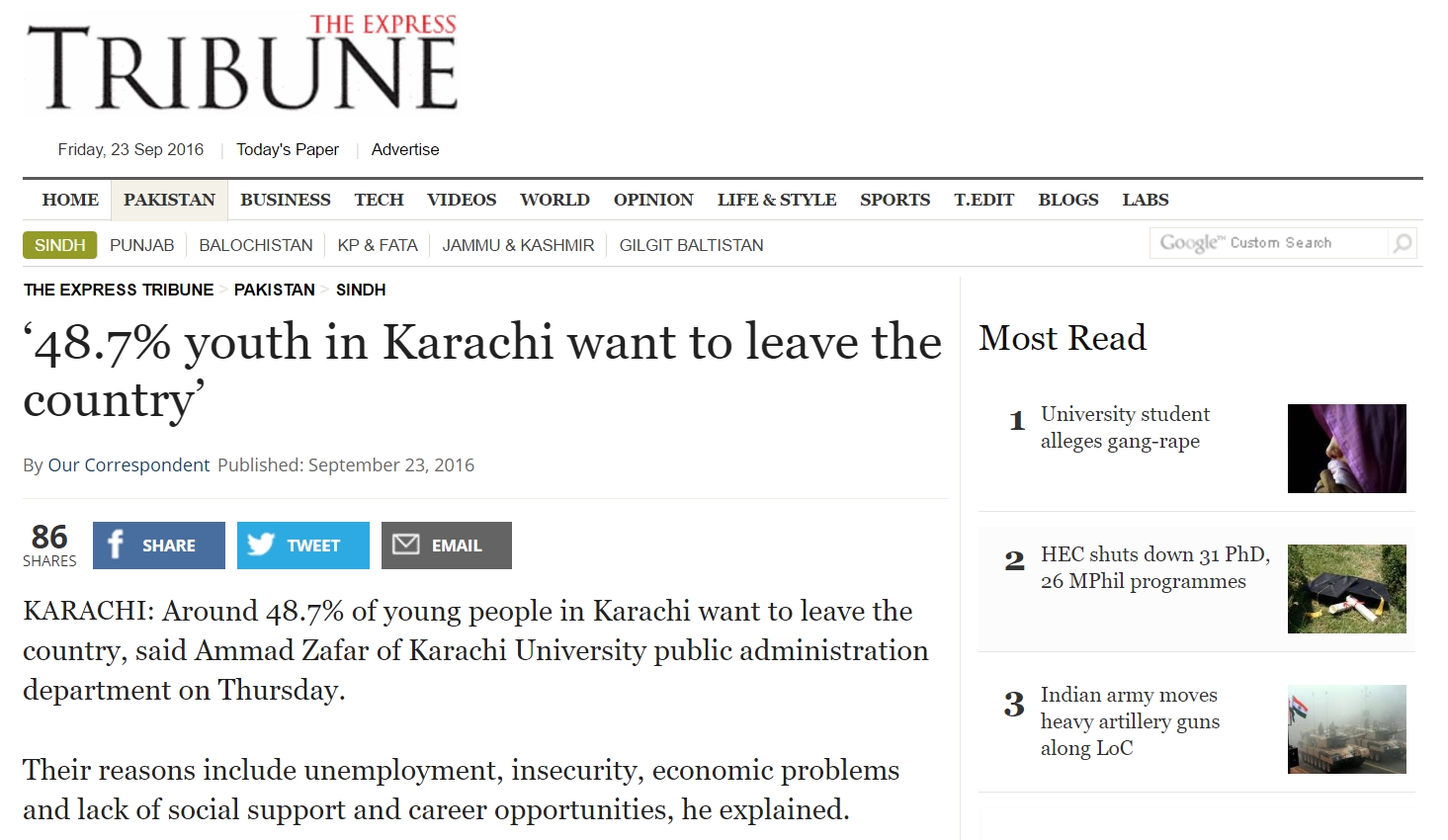 La jeunesse de Karachi est fondamentalement pessimiste sur ses opportunités dans la ville pakistanaise. Copie d'écran de The Express Tribune, le 23 septembre 2016.