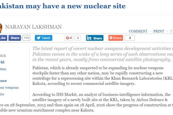 Le Pakistan démultiplie-t-il ses efforts en enrichissement d'uranium ? Copie d'écran de The Hindu, le 16 septembre 2016.