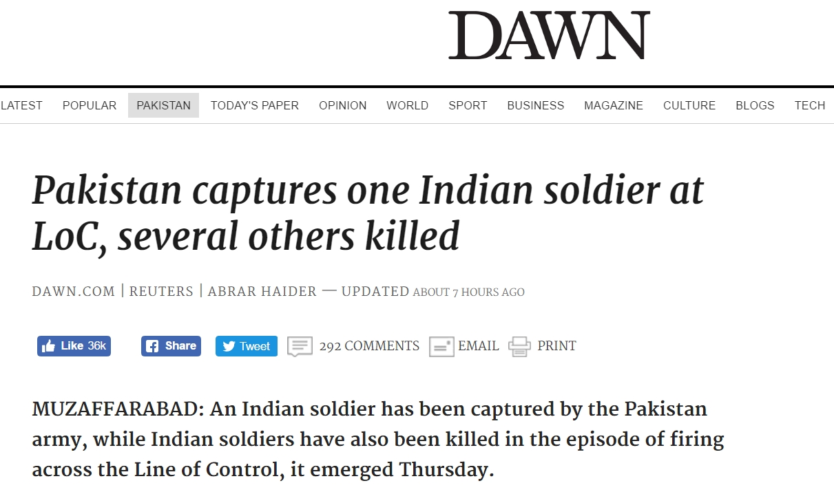 Le sort du soldat indien ayant franchi la Ligne de Contrôle est toujours incertain. Copie d'écran de Dawn, le 30 septembre 2016.