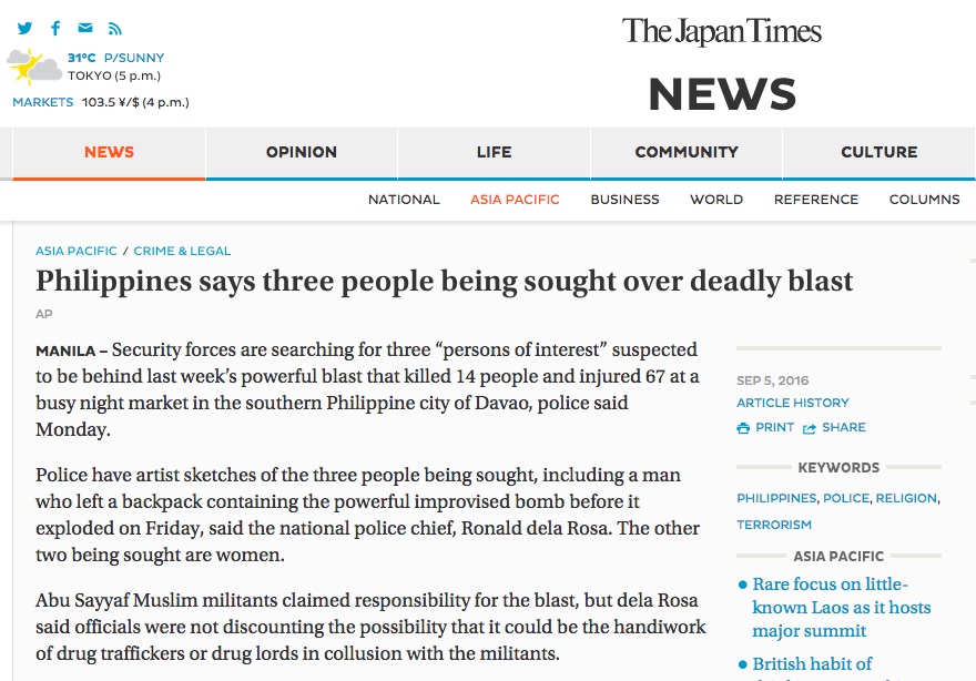 La traque est lancée pour retrouver les responsables de l'attentat de Davao qui a fait 14 morts vendredi 2 septembre. Copie d'écran de The Japan Times, le 5 septembre 2016.