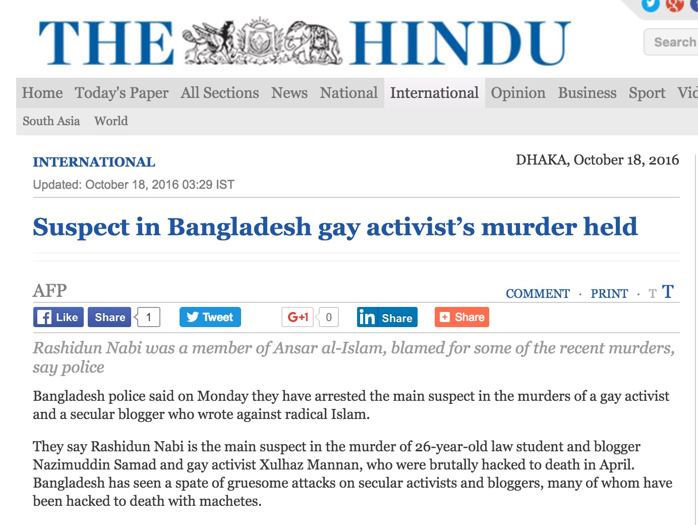 Un blogueur et un militant LGBT avaient été tués au printemps derniers lors d'une vague d'assassinats à l'arme blanche. Copie d'écran de The Hindu, le 18 octobre 2016.