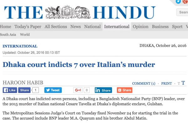 Le parti nationaliste du Bangladesh a dénoncé un jugement politique visant à discréditer le principal groupe d'opposition. Copie d'écran de The Hindu, le 26 octobre 2016.