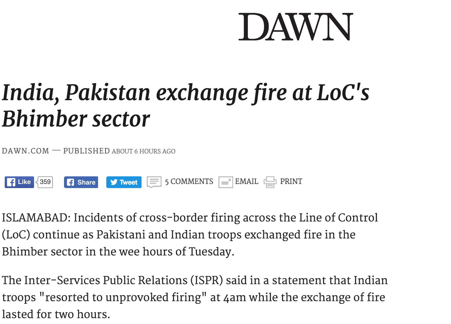 Des tirs ont été échangés en Azad et Cachemire, zone contrôlée par le Pakistan. Copie d'écran de Dawn, le 4 octobre 2016.