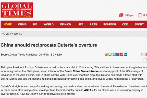 C'était inimaginable il y a quatre mois. Pourtant Rodrigo Duterte a mis de côté le contentieux en Mer de Chine du Sud avec Pékin et se rend en Chine pour la première fois depuis le début de son mandat. Copie d'écran du Global Times, le 18 octobre 2016.