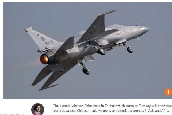 Malgré l'ouverture du Salon aéronautique de Zhuhai, la Chine ne devrait pas voir évoluer sa place dans le classement mondial des pays exportateurs d'armes. Copie d'écran du South China Morning Post, 31 octobre 2016.