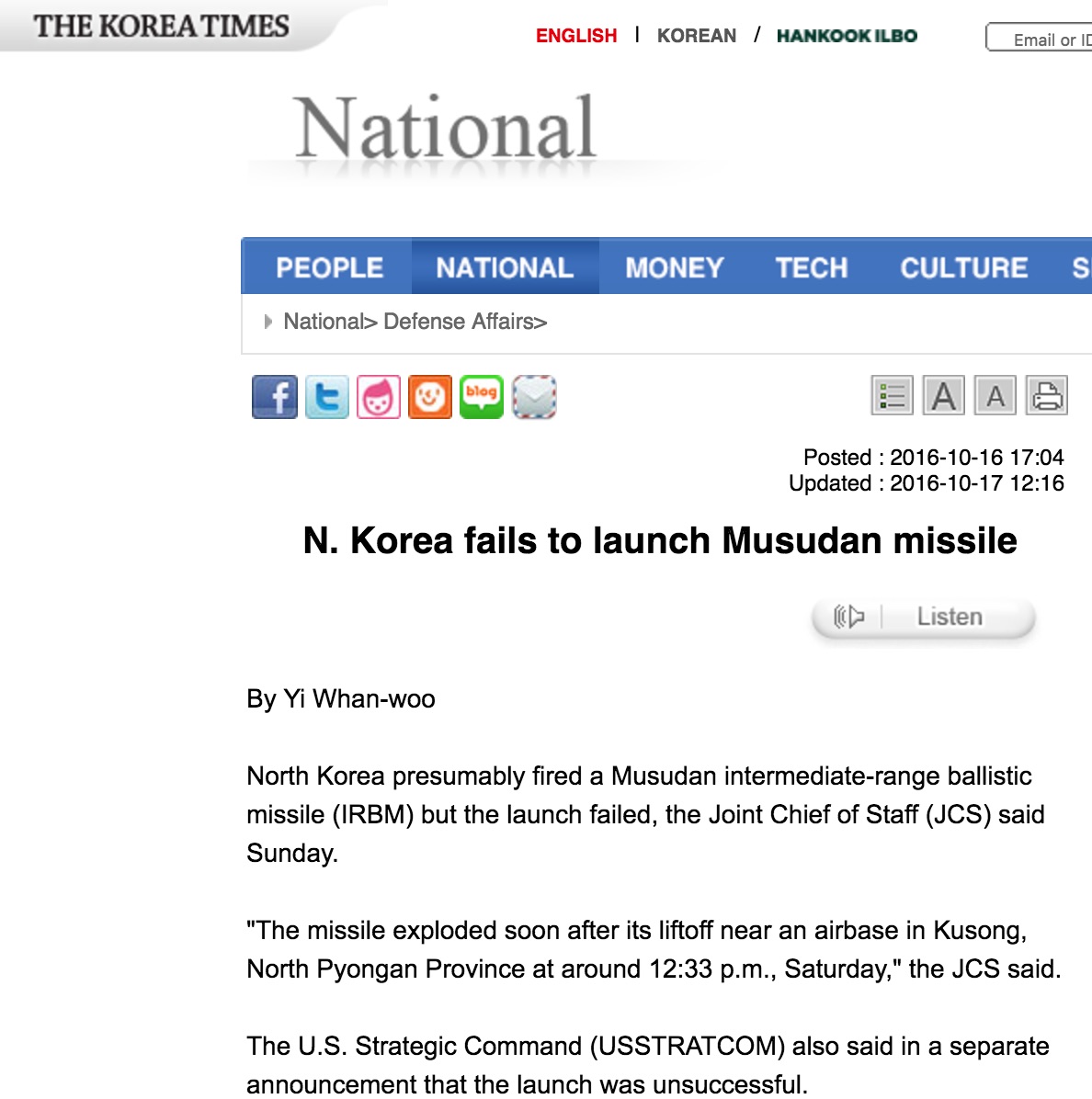 Si le lancement était confirmé ce serait un nouveau test de la part de Kim Jong-Un dans le but de finaliser la technologie de cec missile qui pourrait atteindre la base militaire américaine de Guam. Copie d'écran du Korea Times, le 17 octobre 2016.