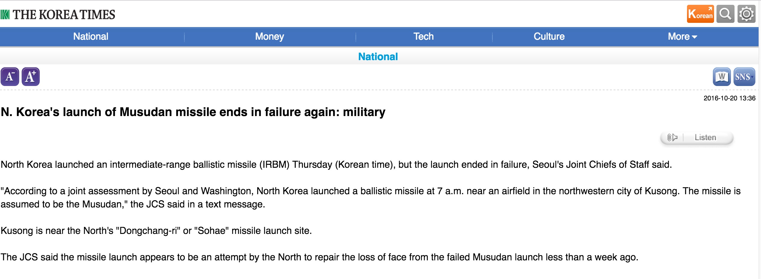 C'est le second essai de ce tir d'un missile Musudan à quelques jours d'intervalle pour toujours le même résultat négatif, Copie d'écran du Korea Times, le 20 octobre 2016.