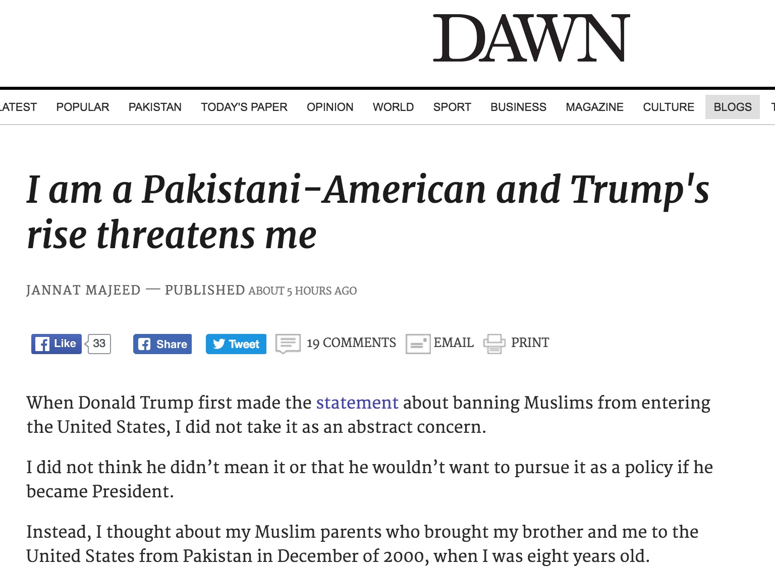 Les Américains d'origine pakistanaise s'inquiètent de voir Donald Trump attiser un sentiment islamophobe aux Etats-Unis. Copie d'écran du Dawn, le 10 octobre 2016.