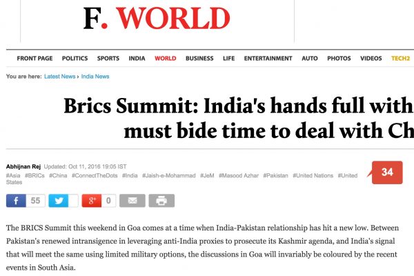 La Chine se détournera t-elle de son allié traditionnel, le Pakistan, en faveur de l'Inde? Copie d'écran du First Post, le 12 octobre 2016.