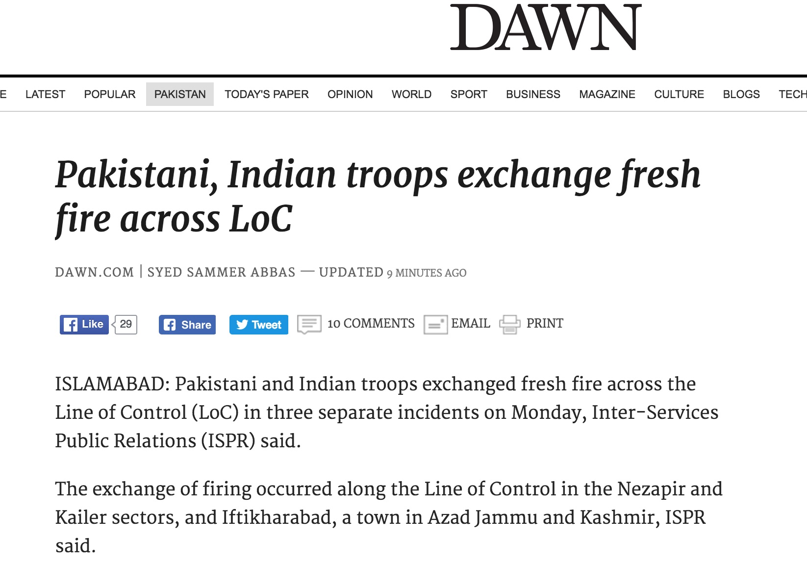 Alors que Narendra Modi a annoncé avoir franchi la ligne de contrôle le 30 septembre, les échanges de tirs s'intensifient le long de cette frontière de facto entre l'Inde et le Pakistan. Copie d'écran de Dawn, le lundi 3 octobre 2016.