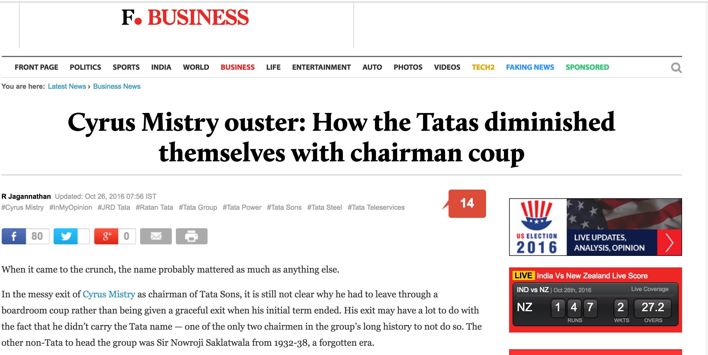 Le PDG de Tata, plus gros conglomérat indien, Cyrus Misty a été licencié provoquant la surprise et redonnant les règles à un ancien dirigeant, Ratan Tata. Copie d'écran du First Post, le 26 octobre 2016.